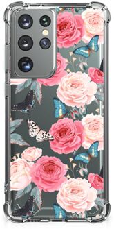 B2Ctelecom Telefoonhoesje  Samsung Galaxy S21 Ultra Silicone Case met transparante rand Butterfly Roses