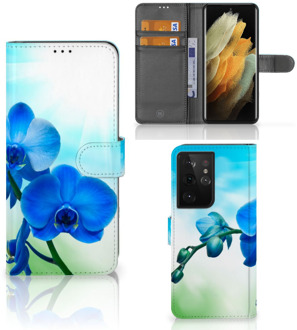 B2Ctelecom Telefoonhoesje Samsung Galaxy S21 Ultra Wallet Book Case met foto Orchidee Blauw Valentijn Cadeautje Vrouw