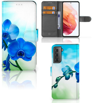 B2Ctelecom Telefoonhoesje Samsung Galaxy S21 Wallet Book Case met foto Orchidee Blauw Valentijn Cadeautje Vrouw