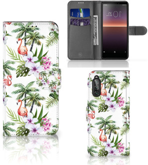 B2Ctelecom Telefoonhoesje Sony Xperia 10 II Flip Hoesje met naam Flamingo Palms