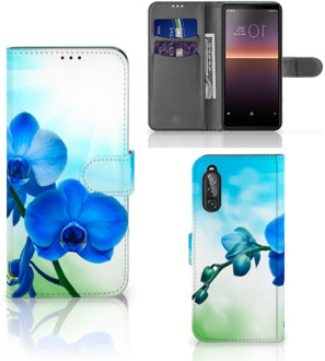 B2Ctelecom Telefoonhoesje Sony Xperia 10 II Wallet Book Case met foto Orchidee Blauw Valentijn Cadeautje Vrouw