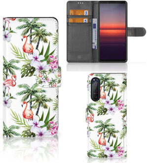 B2Ctelecom Telefoonhoesje Sony Xperia 5II Flip Hoesje met naam Flamingo Palms