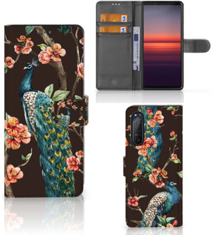 B2Ctelecom Telefoonhoesje Sony Xperia 5II Flipcase Cover Pauw met Bloemen