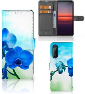 B2Ctelecom Telefoonhoesje Sony Xperia 5II Wallet Book Case met foto Orchidee Blauw Valentijn Cadeautje Vrouw