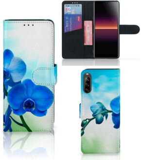 B2Ctelecom Telefoonhoesje Sony Xperia L4 Wallet Book Case met foto Orchidee Blauw Valentijn Cadeautje Vrouw