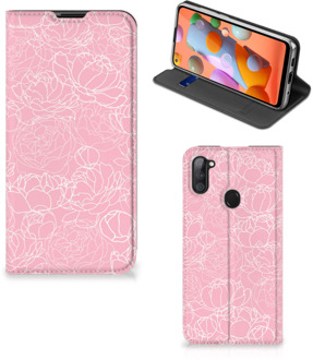 B2Ctelecom Telefoonhoesje Tekst Samsung Galaxy M11 | A11 Smart Cover Witte Bloemen