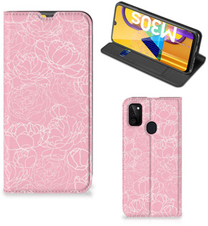 B2Ctelecom Telefoonhoesje Tekst Samsung Galaxy M21 Smart Cover Witte Bloemen