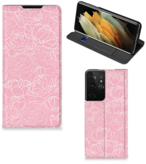 B2Ctelecom Telefoonhoesje Tekst Samsung Galaxy S21 Ultra Smart Cover Witte Bloemen