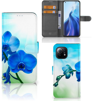 B2Ctelecom Telefoonhoesje Xiaomi Mi 11 Wallet Book Case met foto Orchidee Blauw Valentijn Cadeautje Vrouw