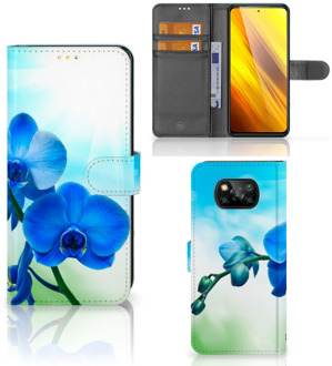 B2Ctelecom Telefoonhoesje Xiaomi Poco X3 Wallet Book Case met foto Orchidee Blauw Valentijn Cadeautje Vrouw