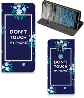 B2Ctelecom Telefoontasje Nokia 2.4 Smartphone Hoesje Flowers Blue Don't Touch My Phone