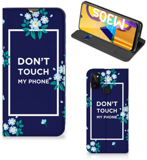 B2Ctelecom Telefoontasje Samsung Galaxy M21 Smartphone Hoesje Flowers Blue Don't Touch My Phone