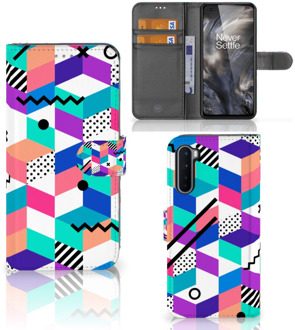 B2Ctelecom Wallet Book Case OnePlus Nord GSM Hoesje Gepersonaliseerd Cadeau Blocks Colorful