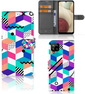 B2Ctelecom Wallet Book Case Samsung Galaxy A12 GSM Hoesje Gepersonaliseerd Cadeau Blocks Colorful