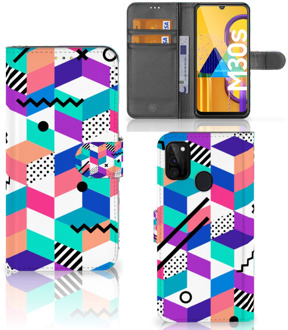 B2Ctelecom Wallet Book Case Samsung Galaxy M21 GSM Hoesje Gepersonaliseerd Cadeau Blocks Colorful