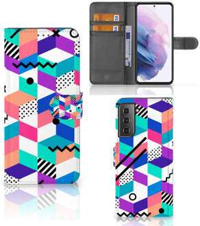 B2Ctelecom Wallet Book Case Samsung Galaxy S21 Plus GSM Hoesje Gepersonaliseerd Cadeau Blocks Colorful