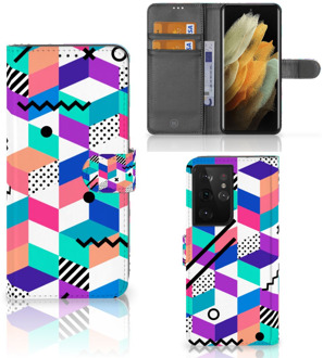 B2Ctelecom Wallet Book Case Samsung Galaxy S21 Ultra GSM Hoesje Gepersonaliseerd Cadeau Blocks Colorful