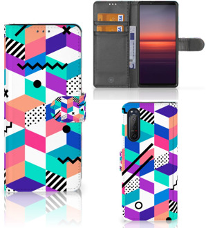 B2Ctelecom Wallet Book Case Sony Xperia 5II GSM Hoesje Gepersonaliseerd Cadeau Blocks Colorful