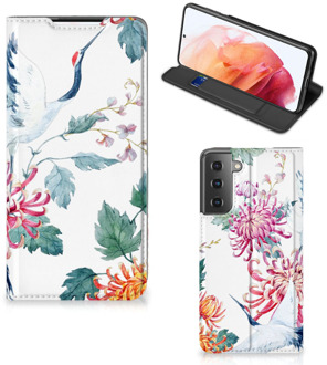 B2Ctelecom Wallet Bookcase Samsung Galaxy S21 Telefoonhoesje Bird Flowers