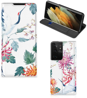 B2Ctelecom Wallet Bookcase Samsung Galaxy S21 Ultra Telefoonhoesje Bird Flowers