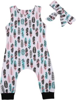 Baby Baby Jongens Meisjes Veer Gedrukt Romper 2 Stuks Hoofdband + Romper Jumpsuit Zomer Kindje Katoenen Mouwloze Outfit Playsuit 12m