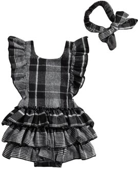 Baby Baby Meisjes Bodysuits Fly Mouw Mode Plaid Ruches Terug Bandage Jumpsuits En Hoofdband 24M