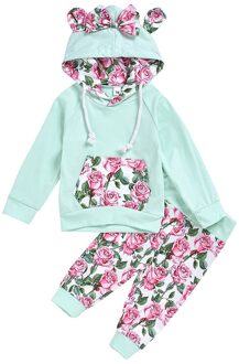 Baby Baby Meisjes Kleding Set 2 Stuks Bloem Hart Print Oor Hooded Sweatshirt Broek Outfits Sets Vetement Enfant Fille kostuum lucht blauw / 24M