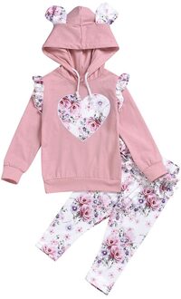 Baby Baby Meisjes Kleding Set 2 Stuks Bloem Hart Print Oor Hooded Sweatshirt Broek Outfits Sets Vetement Enfant Fille kostuum Roze / 24M