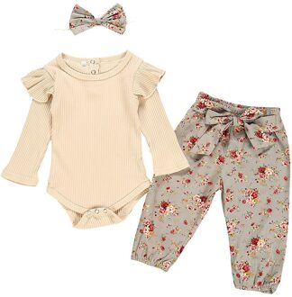 Baby Baby Meisjes Ruches Effen Romper Bodysuit + Bloemen Broek + Hoofdband Outfits Одежда Для Новорождëных Dziewczyna Zestawy 6-12 Months