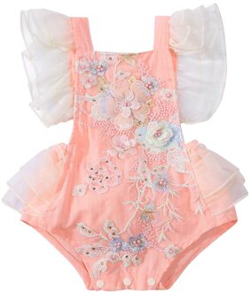 Baby Baby Meisjes Zomer Romper, Leuke Ruche Mouw Bloemen Geborduurde Backless Bodysuit 24M