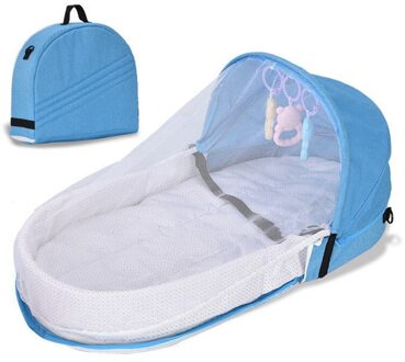 Baby Draagbare Vouwen Bed Met Klamboe Luifel Verhoog Hek Dikke Katoenen Pad Reizen Bed Tent Voor Pasgeboren Baby Peuter Blauw