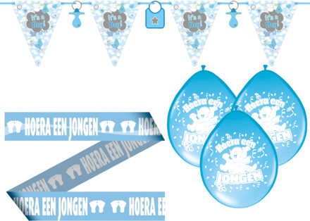 Baby geboren versiering set - jongen - 18 artikelen - blauw - vlaggetjes - ballonnen - afzetlint