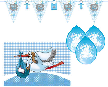 Baby geboren versiering set - jongen - 18 artikelen - blauw - vlaggetjes - ballonnen - vlag