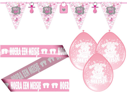Baby geboren versiering set - meisje - 18 artikelen - roze - vlaggetjes - ballonnen - afzetlint