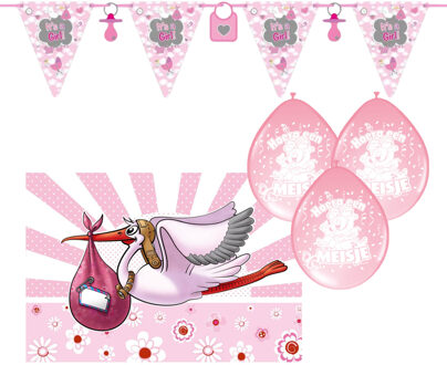 Baby geboren versiering set - meisje - 18 artikelen - roze - vlaggetjes - ballonnen - vlag