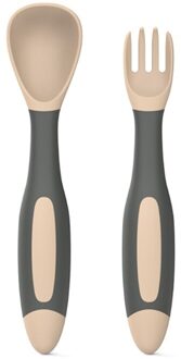 Baby Gebruiksvoorwerpen Set Extra Voedsel Peuter Leren Eten Training Buigbare Zachte Lepel Vork Zuigeling Kinderen Servies bruin