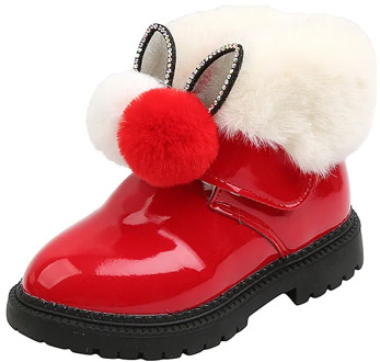 Baby Girls Boots Toddlers Kids Snow Boots PU Patent Leather Warm Fur Ball Cute Sweet Rabbit Ears Rhinestone Children Ankle Boots