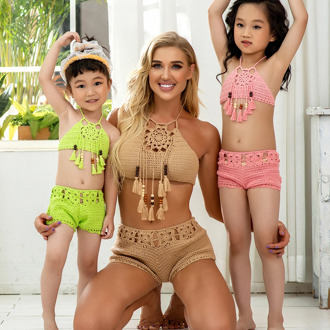 Baby Girls Crochet Two-Pieces Swimsuit Tassel Swimwear Strappy Bathing Suit Beachwear For Kids Girls Clothes