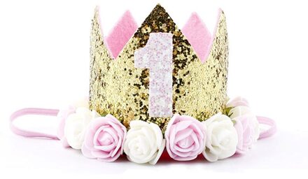 Baby Gouden Roze Verjaardag Bloem Kroon Half 1st 2nd 3rd Nummer Verjaardag Hoeden Kids Pailletten Rose Caps Hoofdband Party Decoraties goud 1st