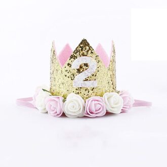 Baby Gouden Roze Verjaardag Bloem Kroon Half 1st 2nd 3rd Nummer Verjaardag Hoeden Kids Pailletten Rose Caps Hoofdband Party Decoraties goud 2nd