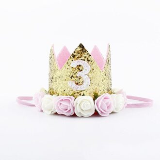 Baby Gouden Roze Verjaardag Bloem Kroon Half 1st 2nd 3rd Nummer Verjaardag Hoeden Kids Pailletten Rose Caps Hoofdband Party Decoraties goud 3rood