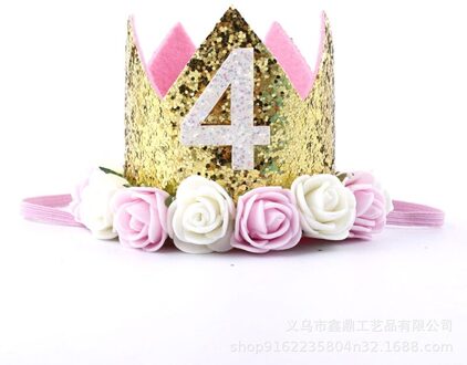 Baby Gouden Roze Verjaardag Bloem Kroon Half 1st 2nd 3rd Nummer Verjaardag Hoeden Kids Pailletten Rose Caps Hoofdband Party Decoraties goud 4th