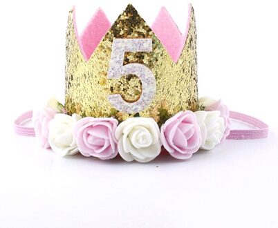 Baby Gouden Roze Verjaardag Bloem Kroon Half 1st 2nd 3rd Nummer Verjaardag Hoeden Kids Pailletten Rose Caps Hoofdband Party Decoraties goud 5th