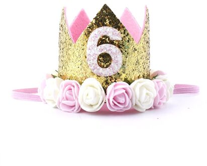 Baby Gouden Roze Verjaardag Bloem Kroon Half 1st 2nd 3rd Nummer Verjaardag Hoeden Kids Pailletten Rose Caps Hoofdband Party Decoraties goud 6th