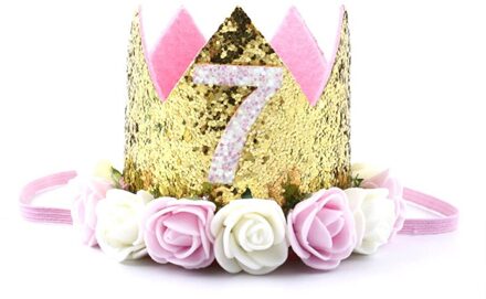 Baby Gouden Roze Verjaardag Bloem Kroon Half 1st 2nd 3rd Nummer Verjaardag Hoeden Kids Pailletten Rose Caps Hoofdband Party Decoraties goud 7th