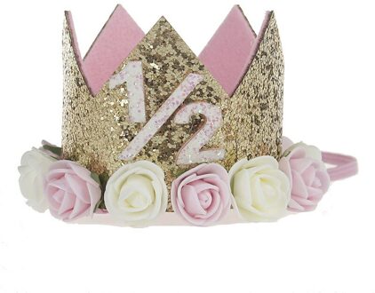 Baby Gouden Roze Verjaardag Bloem Kroon Half 1st 2nd 3rd Nummer Verjaardag Hoeden Kids Pailletten Rose Caps Hoofdband Party Decoraties goud Half