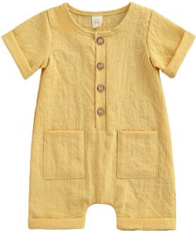 Baby Jongens Meisjes Jumpsuit, Baby Zomer Creatieve Gele Ronde Kraag Korte Mouw Pocket Decoratie Borst Knop Toevallige Romper 12m