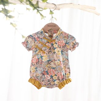 Baby Jumpsuit Zomer Baby Meisje Jongen Katoen Bodysuit Korte Mouwen Kleding Bloemen Zachte Set Chinese Stijl Romper Kinderen Kleding 12m