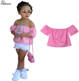Baby Kids Meisjes Off Shoulder Korte Mouwen Peuter Blouse Tops Zomer Roze Solid Casual 1-6Y