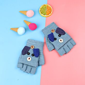 Baby Kids Winter Gebreide Warm Vingerloze Wanten Leuke Cartoon Puppy Convertible Flip Top Handschoenen Met Knop Voor Jongens En Meisjes Blauw